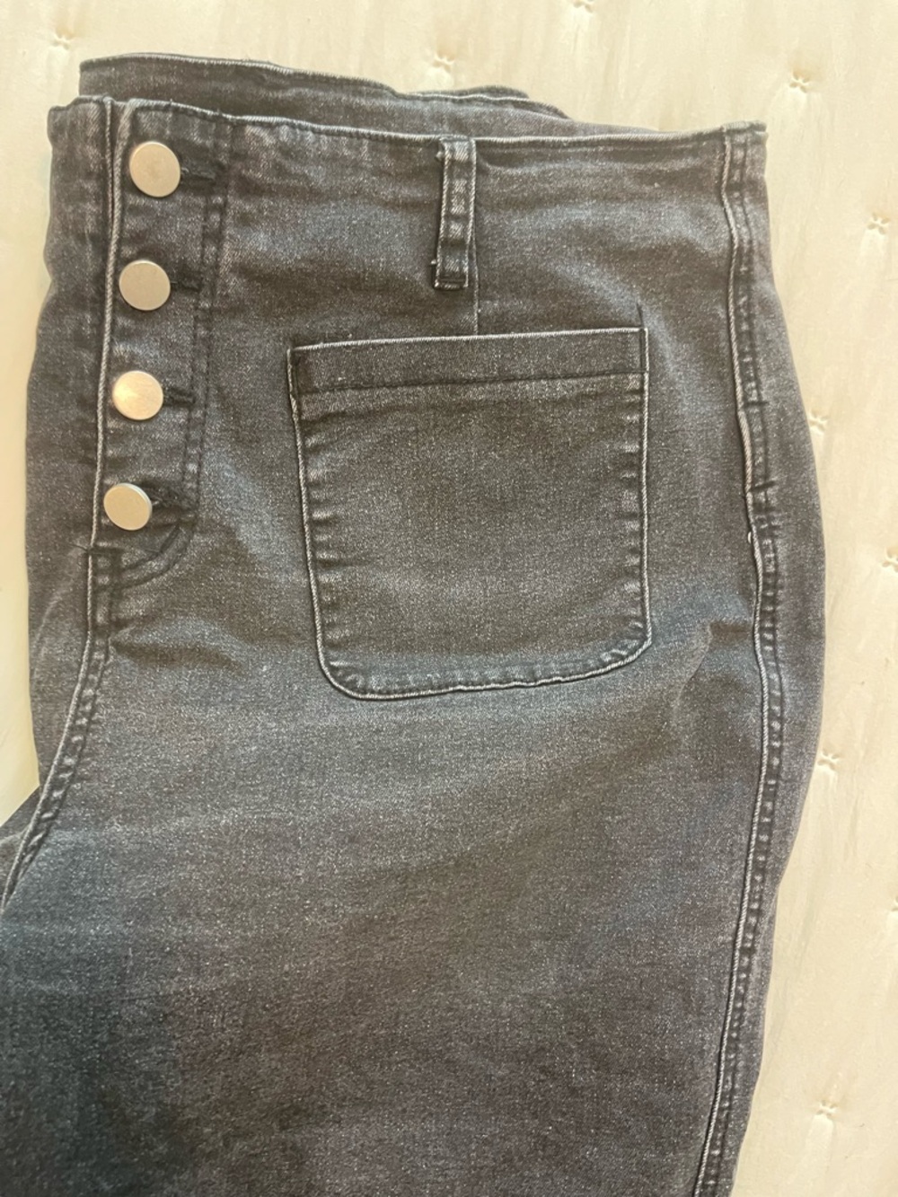 High-Waist Black/Charcoal Women's Wide Leg Jeans with Front Button Detail